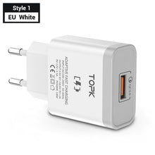 Load image into Gallery viewer, TOPK B126Q 18W Quick Charge 3.0 Fast Mobile Phone Charger EU Plug Wall USB Charger Adapter for iPhone Samsung Xiaomi Huawei