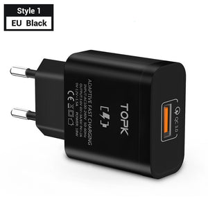 TOPK B126Q 18W Quick Charge 3.0 Fast Mobile Phone Charger EU Plug Wall USB Charger Adapter for iPhone Samsung Xiaomi Huawei