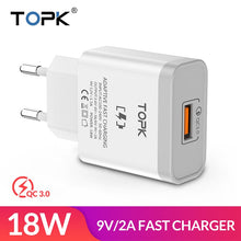 Load image into Gallery viewer, TOPK B126Q 18W Quick Charge 3.0 Fast Mobile Phone Charger EU Plug Wall USB Charger Adapter for iPhone Samsung Xiaomi Huawei